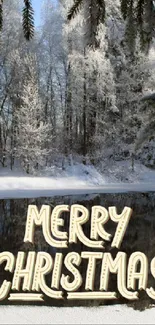 Serene snowy Christmas forest with reflective lake and festive message.