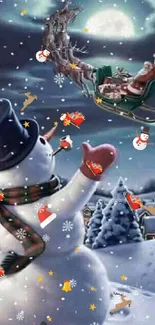 Snowy scene with a snowman waving to Santa's flying sleigh.