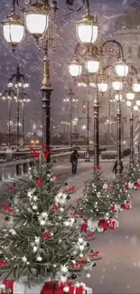 Snowy Christmas street with festive lights and decorations.