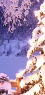 Snowy Christmas tree and snowman wallpaper, a serene winter wonderland.