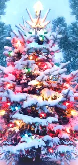 Snowy Christmas tree with colorful lights amid a serene winter landscape.