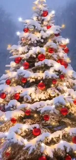 Snow-covered Christmas tree with red ornaments.