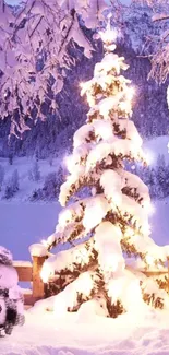 Snow-covered Christmas tree with warm glowing lights.