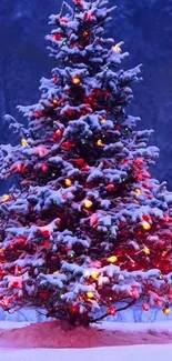 Snow-covered Christmas tree with colorful lights.