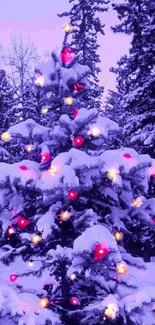 Snowy Christmas tree with colorful lights against a purple sky.