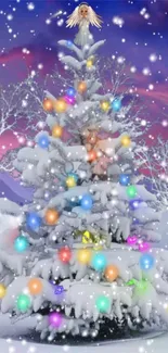 Snowy Christmas tree with colorful lights and angel topper in winter scene.