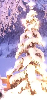 Snowy Christmas tree and snowman in a serene winter landscape.