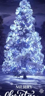 A snowy Christmas tree in a dark blue winter landscape.