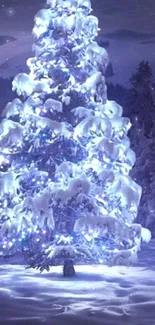 Snowy Christmas tree glowing in the night under a starry sky with a peaceful atmosphere.