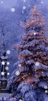 Snowy Christmas tree with lights at night in a winter landscape.