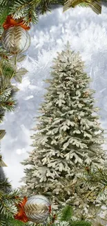 Snow-covered Christmas tree with ornaments in a wintry scene.