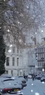 Snowy urban street with Christmas tree and falling snowflakes.