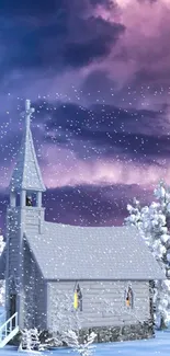 Winter chapel surrounded by snowflakes and a purple sky.