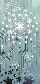 Circuit board with snowflakes on mint background, creating a winter tech theme.