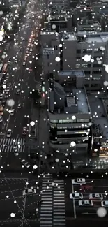 Urban cityscape with snowfall during evening hours.