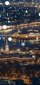 Snowy city nightscape with twinkling lights.