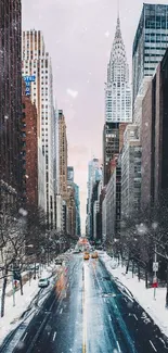 Snowy urban street with tall skyscrapers and falling snowflakes.