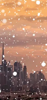 A city skyline with snow falling in a twilight sky.