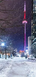 Snowy city night with vibrant tower and lights.