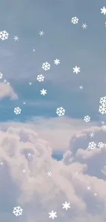 Snowflakes and clouds on a blue sky background wallpaper.