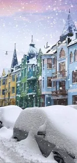 Snow-covered colorful street scene with vibrant buildings and winter sky.