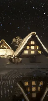 Snow-covered cottages under starry night sky with reflections.