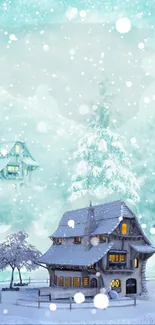 Snowy cottage with trees and snowflakes in a winter setting.