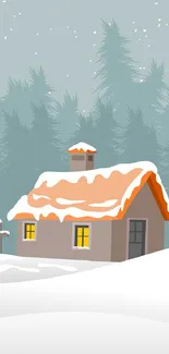 Illustrated snowy cottage in winter forest.