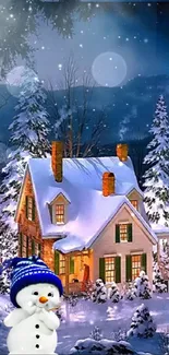 Snowy cottage with snowman in winter wonderland.