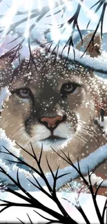 Majestic cougar in snowy winter scene on mobile wallpaper.