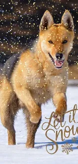 Dog playing in snow with golden sparkles and 'Let it Snow' text.