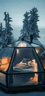 Snowy night dome cabin with trees and a cozy, illuminated interior.