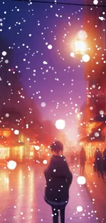 Snowy city evening scene with vibrant lights and falling snowflakes.