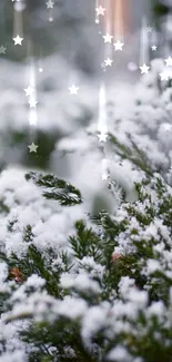 Snow-covered evergreens with twinkling stars.