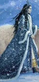 Fantasy princess with blue robe in snowy scene.