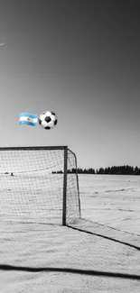 Monochrome soccer goal in snowy field with ball flying.