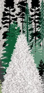 Snowy forest wallpaper with green and black trees on white background.