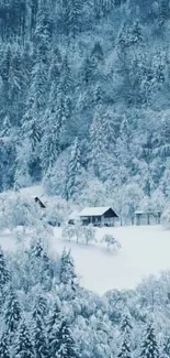 Snowy forest with a cozy cabin nestled within.