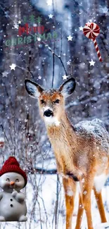 Deer in snowy forest with Christmas decorations.