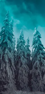 Serene snowy forest with teal sky viewed on mobile wallpaper.