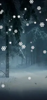 Serene snowy forest at night with falling snowflakes.