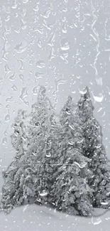 Snowy trees seen through raindrops on glass.