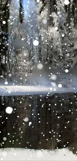 Serene snowy forest with lake reflection and falling snow.