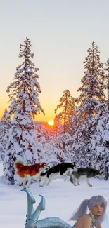 Fantasy landscape with snowy trees at sunset.