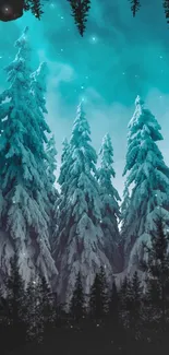 Snow-covered forest under a teal sky.