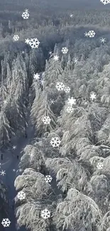 Scenic snowy forest wallpaper with falling snowflakes and frosty trees.