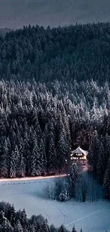 Snow-covered forest with a cozy cabin nestled in the trees.