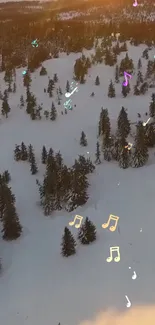 A snowy forest with vibrant musical notes floating in the air.