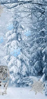 Tiger walking in snowy forest with ice crystals.