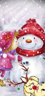 Cute snowman with a child in winter attire on a snowy day.